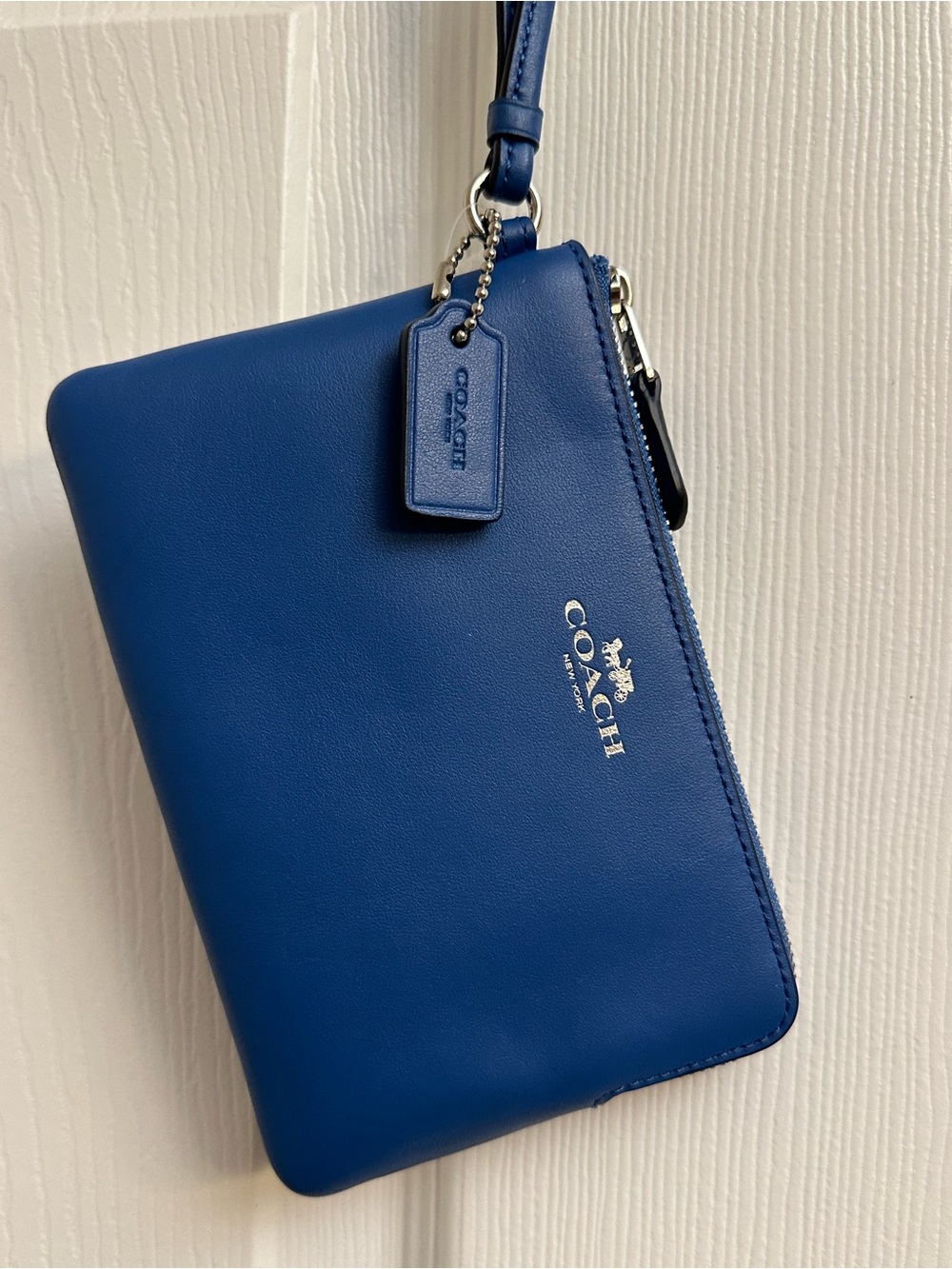 Coach Blue Leather Wristlet with Silver Logo